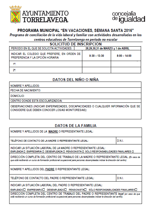 Modelo de Instancia Programa Municipal “En Vacaciones Semana Santa 2016”