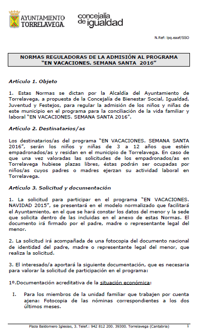 NORMAS REGULADORAS DE LA ADMISIÓN AL PROGRAMA “EN VACACIONES. SEMANA SANTA 2016”